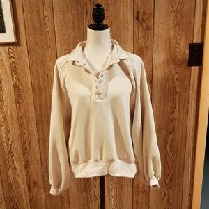 Papermoon Cream Henley Collared Fuzzy Balloon-Sleeved Pullover (L)